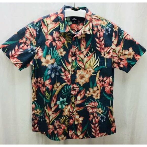 O'Neill Shirt Medium Green Floral Hawaiian Button Collared Short Sleeve Men - Picture 1 of 5